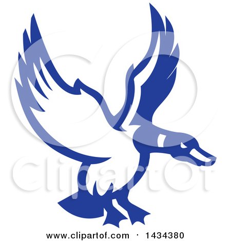 Clipart of a Retro Blue and White Mallard Duck Flying - Royalty Free Vector Illustration by patrimonio