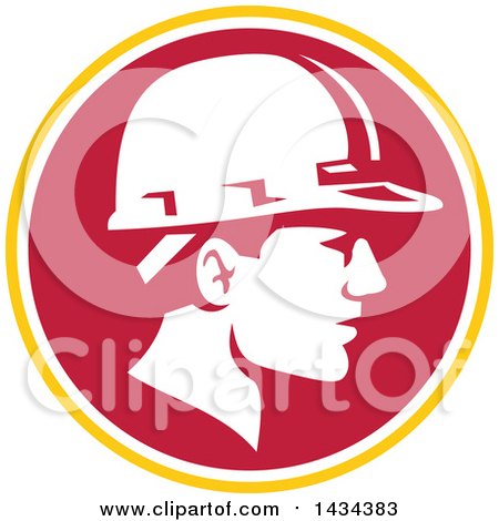 Clipart of a Retro Male Foreman or Builder Wearing a Hardhat in a Yellow White and Red Circle - Royalty Free Vector Illustration by patrimonio