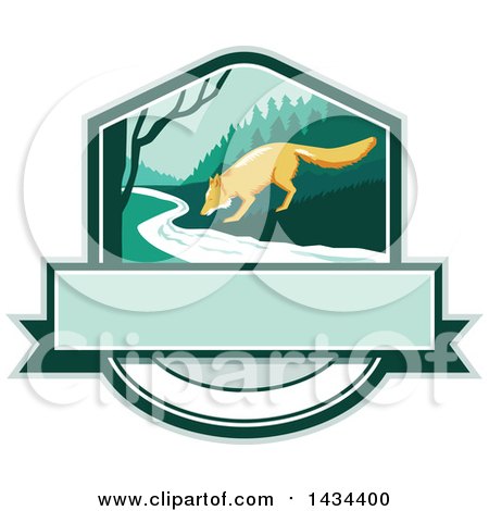 Clipart of a Retro Sketched Fox Drinking from a Creek in a Shield - Royalty Free Vector Illustration by patrimonio