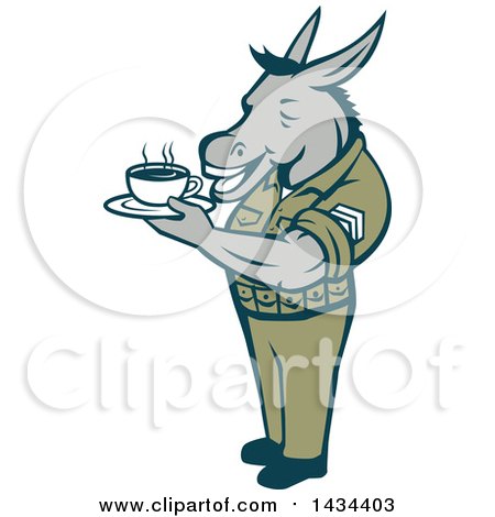 Clipart of a Retro Cartoon Army Sergeant Donkey Holding a Cup of Coffee - Royalty Free Vector Illustration by patrimonio
