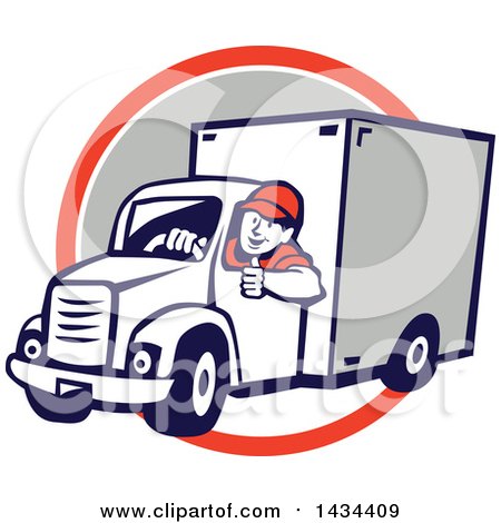 Clipart of a Retro Cartoon Male Delivery Driver Giving a Thumb Up, over an Orange, White and Gray Circle - Royalty Free Vector Illustration by patrimonio