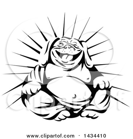 Clipart of a Retro Black and White Laughing Buddha Bulldog - Royalty Free Vector Illustration by patrimonio