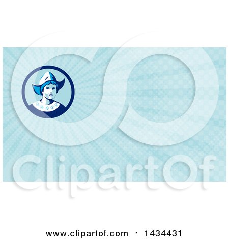 Clipart of a Retro Dutch Woman Wearing a Bonnet and Blue Rays Background or Business Card Design - Royalty Free Illustration by patrimonio