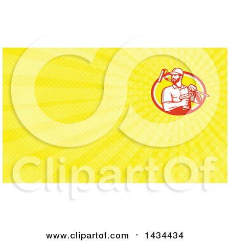 Clipart of a Retro Handyman Holding a Paint Roller over His Shoulder and a Cordless Drill in Hand and Yellow Rays Background or Business Card Design - Royalty Free Illustration by patrimonio
