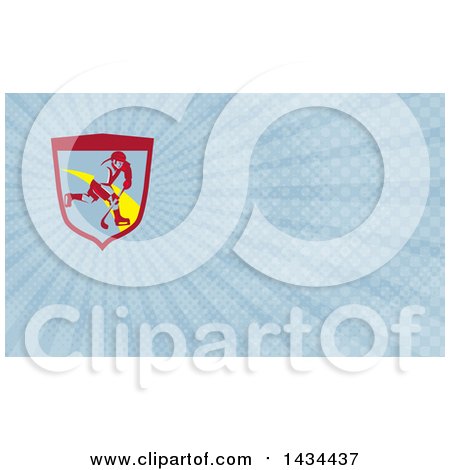 Clipart of a Retro Ice Hockey Player in Action Inside a Shield and Blue Rays Background or Business Card Design - Royalty Free Illustration by patrimonio