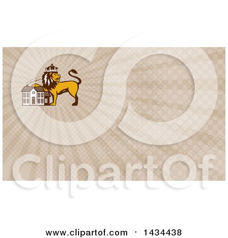 Clipart of a Retro Crowned King Lion Resting a Paw on a House and Brown Rays Background or Business Card Design - Royalty Free Illustration by patrimonio