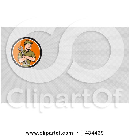 Clipart of a Retro Cartoon White Handy Man or Mechanic Holding a Spanner Wrench in Folded Arms and Gray Rays Background or Business Card Design - Royalty Free Illustration by patrimonio