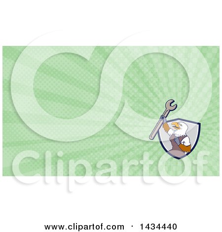 Clipart of a Cartoon Bald Eagle Mechanic Man Holding up a Spanner Wrench and Green Rays Background or Business Card Design - Royalty Free Illustration by patrimonio