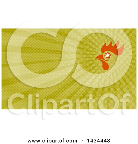 Clipart of a Retro Orange Rooster Head with a Shutter Eye and Green Rays Background or Business Card Design - Royalty Free Illustration by patrimonio