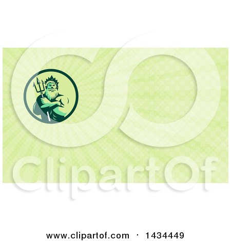 Clipart of a Retro Man, Triton Mythological God, Holding a Trident in Folded Arms and Green Rays Background or Business Card Design - Royalty Free Illustration by patrimonio