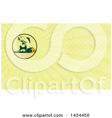 Clipart of a Retro Walleye Fish Jumping in Front of a Lake Cabin and Yellow Rays Background or Business Card Design - Royalty Free Illustration by patrimonio