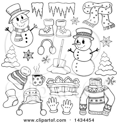 Clipart of Black and White Lineart Snowmen and Christmas Items - Royalty Free Vector Illustration by visekart