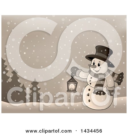 Clipart of a Sepia Toned Snowman Holding a Lantern in the Snow - Royalty Free Vector Illustration by visekart