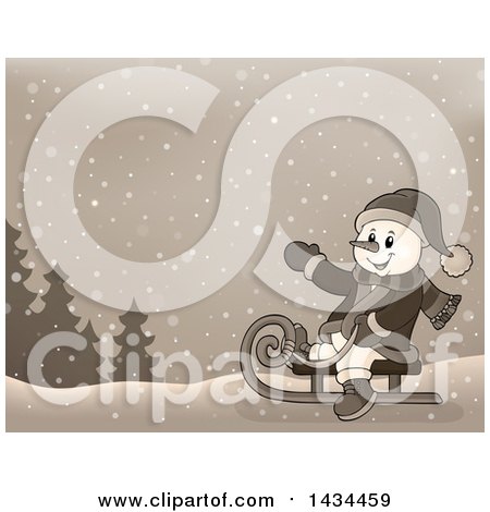 Clipart of a Sepia Toned Snowman Sledding in the Snow - Royalty Free Vector Illustration by visekart