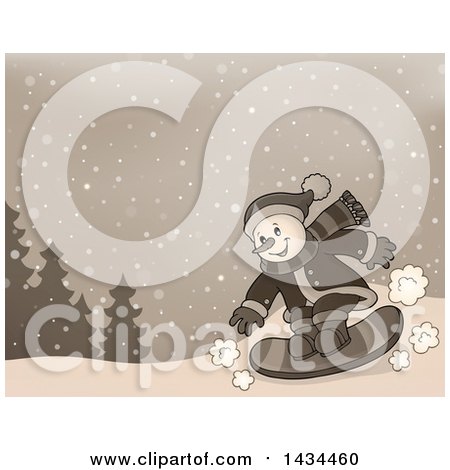 Clipart of a Sepia Toned Snowman Snowboarding - Royalty Free Vector Illustration by visekart