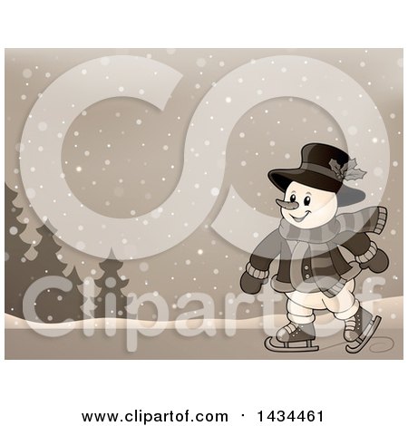 Clipart of a Sepia Toned Snowman Ice Skating in the Snow - Royalty Free Vector Illustration by visekart