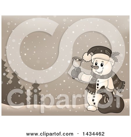 Clipart of a Sepia Toned Snowman Ringing a Charity Bell in the Snow - Royalty Free Vector Illustration by visekart