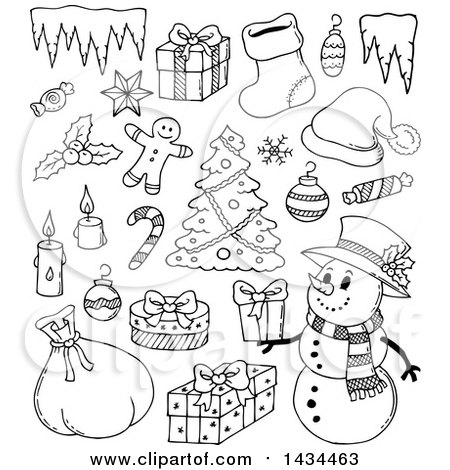 Clipart of Black and White Lineart Christmas Items - Royalty Free Vector Illustration by visekart