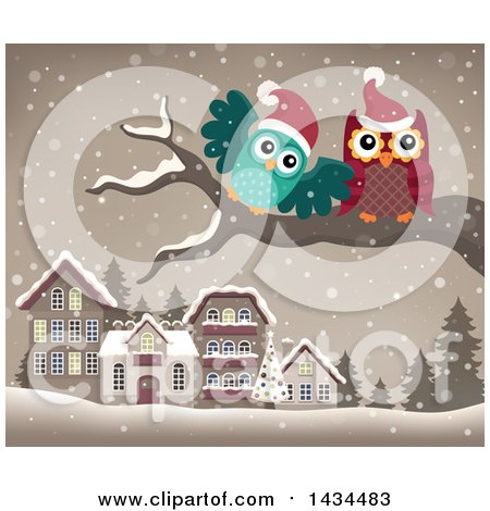 Clipart of Christmas Owls on a Branch over a Village - Royalty Free Vector Illustration by visekart