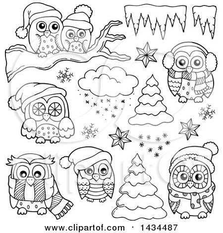 Clipart of Black and White Christmas Owls - Royalty Free Vector Illustration by visekart