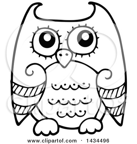 Clipart of a Black and White Lineart Sketched Owl - Royalty Free Vector Illustration by visekart