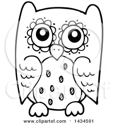 Clipart of a Black and White Lineart Sketched Owl - Royalty Free Vector Illustration by visekart