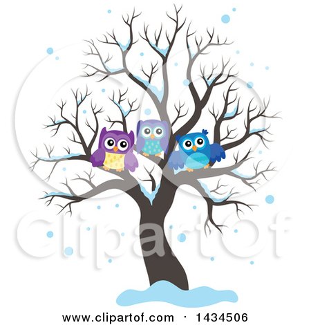 Clipart of a Family of Owls in a Bare Tree in the Snow - Royalty Free Vector Illustration by visekart