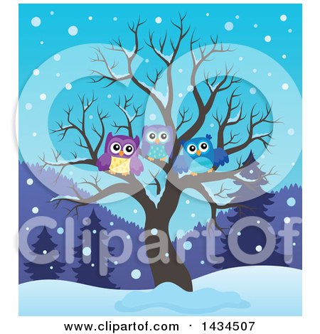 Clipart of a Family of Owls in a Bare Tree in the Winter - Royalty Free Vector Illustration by visekart