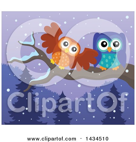 Clipart of a Pair of Owls Perched on a Branch on a Winter Night - Royalty Free Vector Illustration by visekart