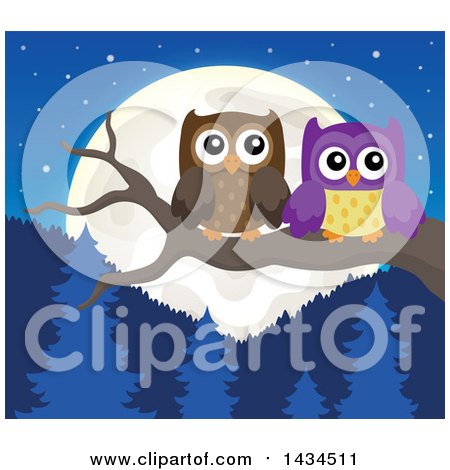 Clipart of a Pair of Owls Perched on a Branch Against a Forest and Full Moon - Royalty Free Vector Illustration by visekart