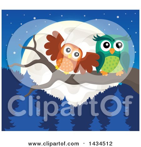 Clipart of a Pair of Owls Perched on a Branch Against a Forest and Full Moon - Royalty Free Vector Illustration by visekart