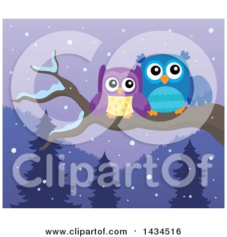 Clipart of a Pair of Owls Perched on a Branch on a Winter Night - Royalty Free Vector Illustration by visekart