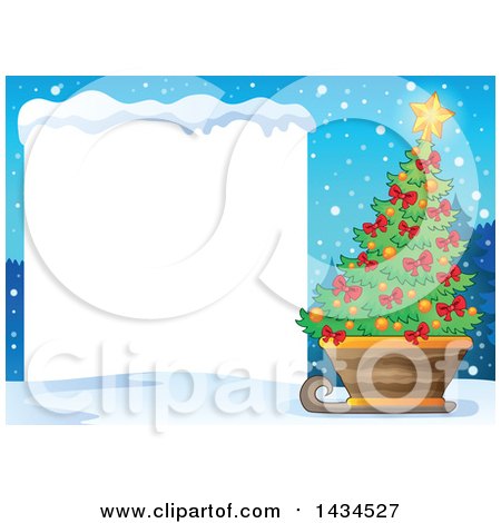 Clipart of a Christmas Tree in a Sleigh by a Blank Sign - Royalty Free Vector Illustration by visekart