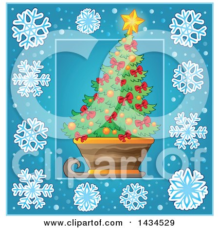 Clipart of a Christmas Tree in a Sled Inside a Blue Snowflake Frame - Royalty Free Vector Illustration by visekart