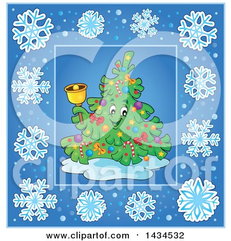 Clipart of a Christmas Tree Character Ringing a Bell Inside a Blue Snowflake Frame - Royalty Free Vector Illustration by visekart