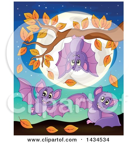Clipart of a Group of Playful Bats with an Autumn Tree Branch and Full Moon - Royalty Free Vector Illustration by visekart