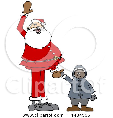 Clipart of a Cartoon Christmas Santa Claus Holding Hands with a Black Boy - Royalty Free Vector Illustration by djart