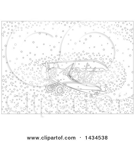 Clipart of Black and White Lineart Santa Claus Flying a Biplane in a Snowy Sky - Royalty Free Vector Illustration by Alex Bannykh