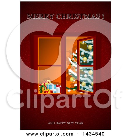 Clipart of a Christmas Tree Through an Open Window, on Red with Greetings - Royalty Free Vector Illustration by dero