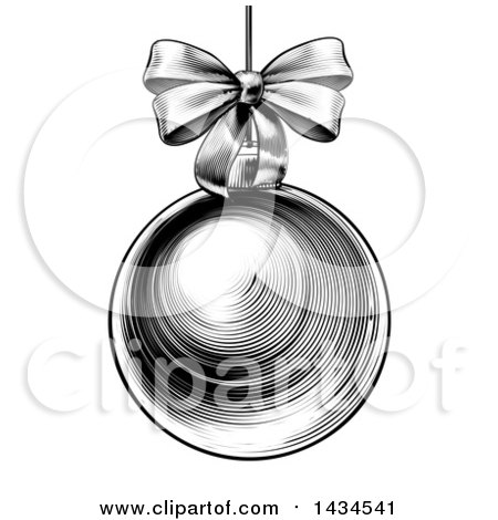 Clipart of a Black and White Vintage Woodcut or Engraved Suspended Christmas Bauble Ornament with a Bow - Royalty Free Vector Illustration by AtStockIllustration