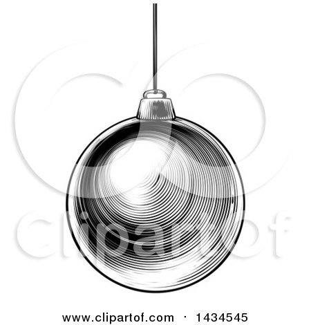 Clipart of a Black and White Vintage Woodcut or Engraved Suspended Christmas Bauble Ornament - Royalty Free Vector Illustration by AtStockIllustration