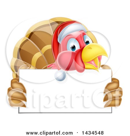 Clipart of a Happy Christmas Turkey Bird Wearing a Santa Hat and Holding a Blank Sign Board - Royalty Free Vector Illustration by AtStockIllustration