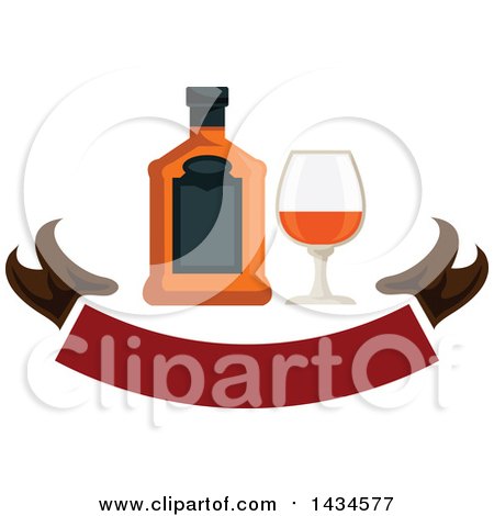 Clipart of a Bottle and Glass of Brandy over a Banner - Royalty Free Vector Illustration by Vector Tradition SM