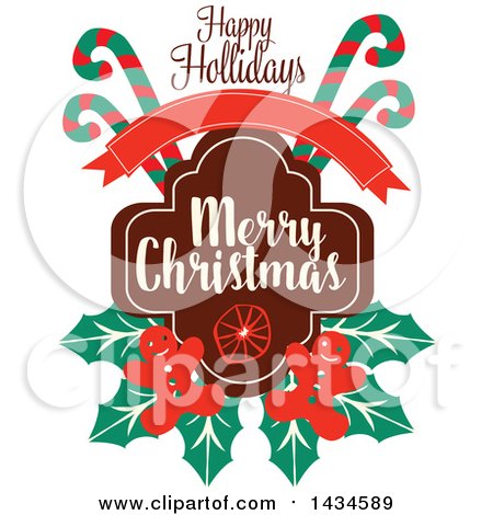 Clipart of a Happy Holidays Merry Christmas Greeting with Candy Canes and Gingerbread Men - Royalty Free Vector Illustration by Vector Tradition SM