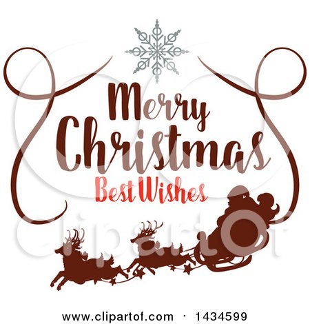 Clipart of a Merry Christmas Best Wishes Greeting with a Silhouetted Santa and Sleigh - Royalty Free Vector Illustration by Vector Tradition SM