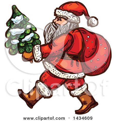 Clipart of a Sketched Santa Carrying a Small Christmas Tree - Royalty Free Vector Illustration by Vector Tradition SM