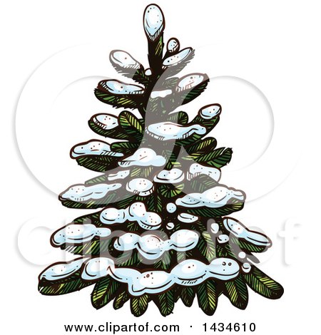 Clipart of a Sketched Snow Flocked Evergreen Tree - Royalty Free Vector Illustration by Vector Tradition SM