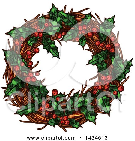 Clipart of a Sketched Christmas Wreath with Holly and Berries - Royalty Free Vector Illustration by Vector Tradition SM