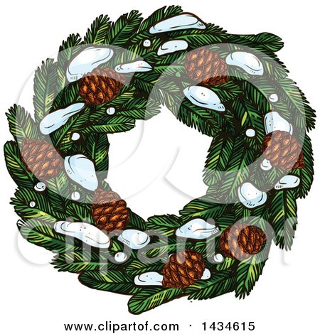 Clipart of a Sketched Christmas Wreath with Pinecones and Snow - Royalty Free Vector Illustration by Vector Tradition SM
