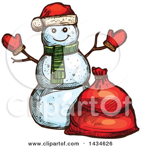 Clipart of a Sketched Christmas Santa Snowman - Royalty Free Vector Illustration by Vector Tradition SM